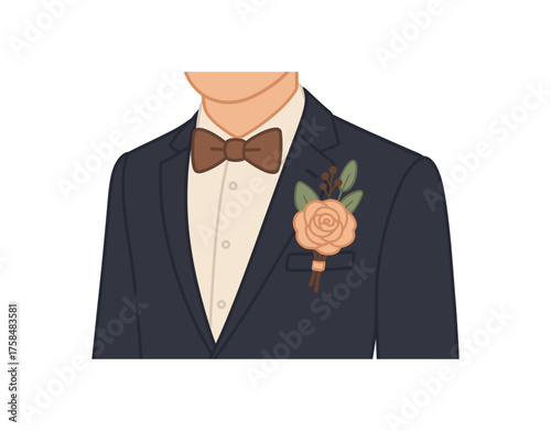 groom boutonniere wedding flat vector illustration style isolated on white background