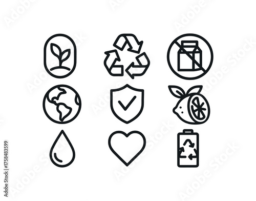 eco icon set with bold black outline style including lactose free isolated on white background simple shadows minimal details clean vector look