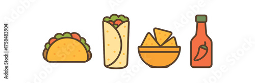 outline colorful icon 4 isolated on transparent background flat vector illustration style street food theme including taco burrito nachos bowl and spicy sauce bottle