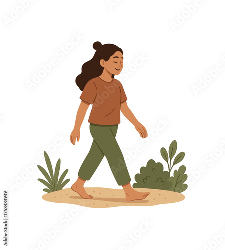 barefoot walk mindfulness flat vector illustration style isolated on white background
