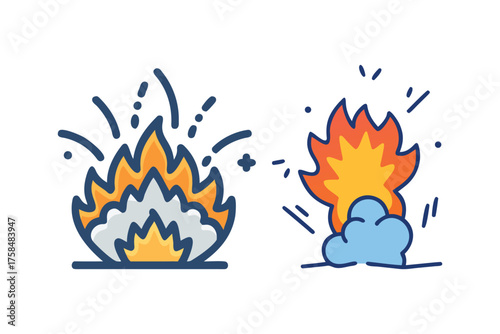 Two colorful cartoon depictions of flames and an explosion are shown