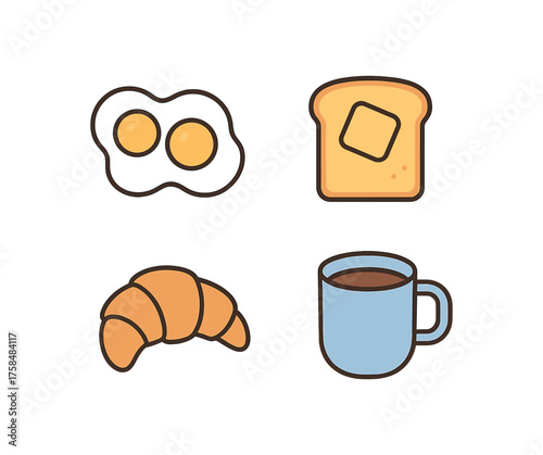 outline colorful icon 4 isolated on transparent background flat vector illustration style breakfast theme including fried eggs toast with butter croissant and coffee mug