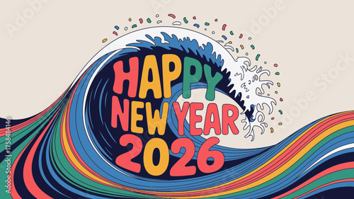 Happy new year 2026 greeting with colorful wave and confetti
