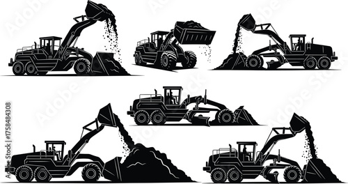 Construction wheel loader silhouette set, heavy machinery vector illustration, earth-moving equipment, industrial vehicle icons, black graphic elements, editable EPS