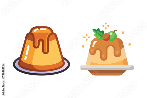 Two cartoon puddings with caramel sauce and festive garnish displayed