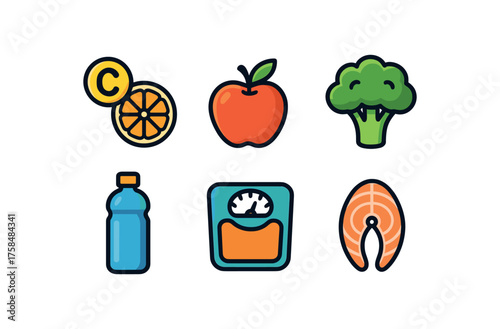 food nutrition colorful icon set with bold outline style including vitamin boost isolated on white background