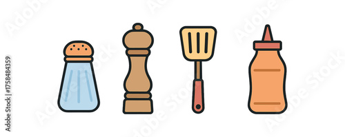 outline colorful icon 4 isolated on transparent background flat vector illustration style kitchen essentials theme including salt shaker pepper mill spatula and sauce bottle