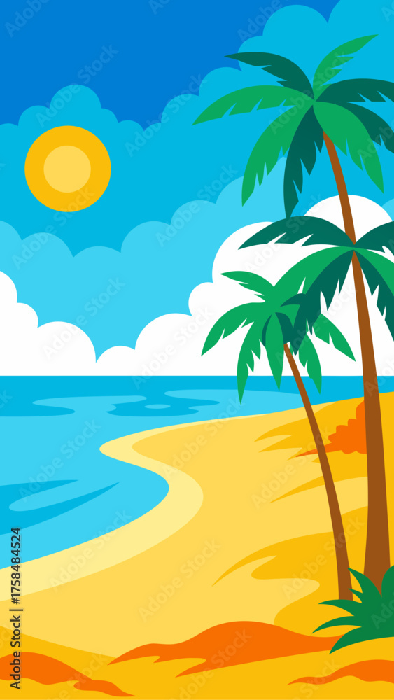 Fototapeta premium Cartoon beach scene with palm trees and bright sun