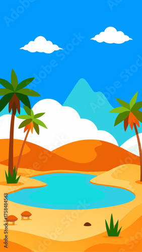 Desert oasis with palm trees and mountain backdrop