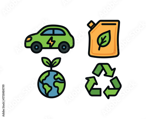 eco colorful icon set with bold outline style including eco refill pack isolated on white background