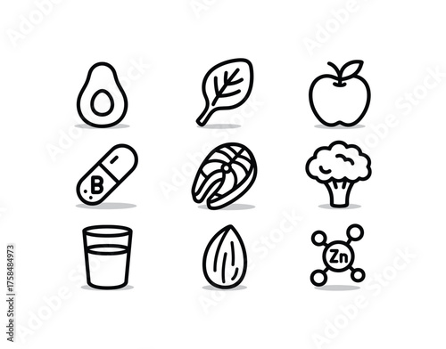 food nutrition icon set with bold black outline style including superfood isolated on white background simple shadows minimal details clean vector look