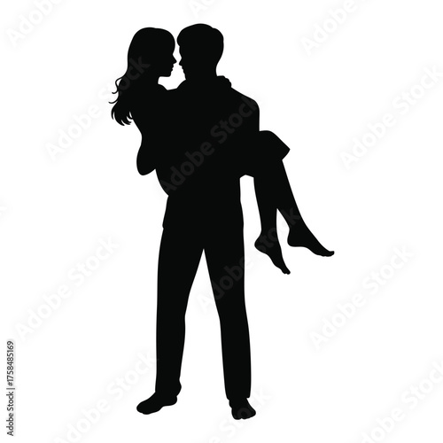 Romantic silhouette vector illustration of a man carrying a woman embracing embrace love couple romance silhouette vector illustration white background