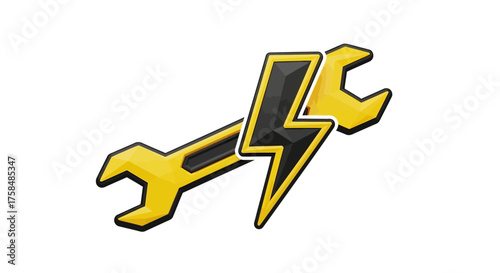 Symbol of fast electrical repair and powerful maintenance service. A yellow wrench crossed with a lightning bolt icon for a mechanic or technician