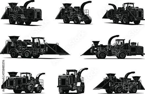 Forage harvester silhouette set, agricultural machinery vector, farm equipment icons, industrial harvest tools, black tractor shapes, farming illustration collection