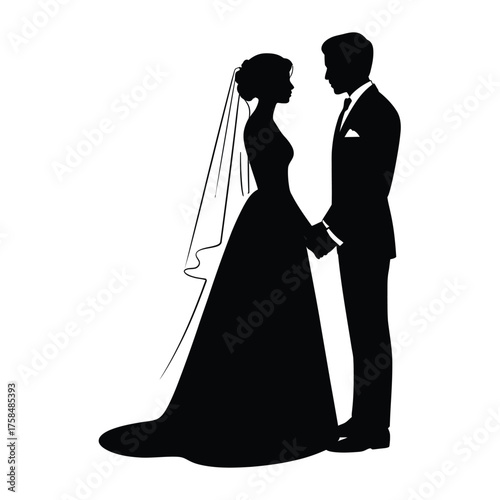 Elegant bride and groom silhouette vector illustration for declarative wedding designs scalable eps icon silhouette vector illustration white background