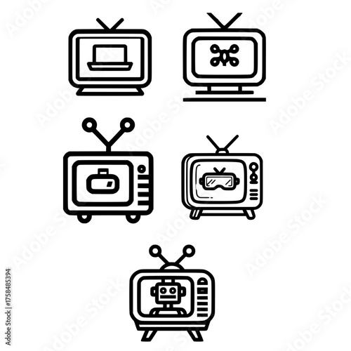 Classic TV showing technology icon set with VR headset laptop robot and drone illustrations