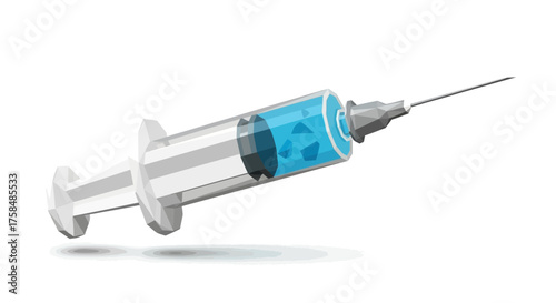 Vector illustration of a medical syringe, filled with blue liquid and equipped with a sharp needle, ready for therapeutic injection or vaccination, symbolizing healthcare and progress