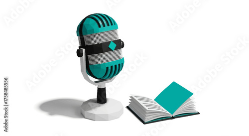 The voice of literature, a classic microphone and book symbolizing audiobooks, podcasting, and storytelling