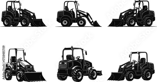 Front loader construction vehicle vector set, black and white illustration, multiple angles, heavy machinery, industrial equipment, engineering design, silhouette graphic