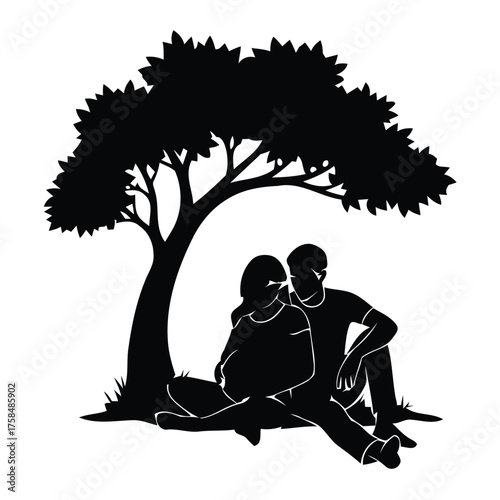 Romantic couple silhouette underneath a large tree vector illustration for declarative design projects silhouette vector illustration white background
