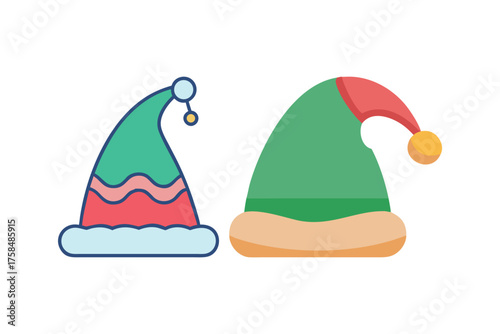 Two colorful elf hats with detailed designs and festive appearances