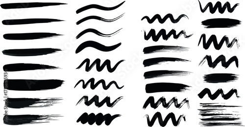 Collection of black ink brush strokes and splatters grunge textures for artistic design elements backgrounds