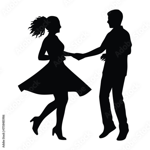 Silhouette vector illustration of a couple dancing lively swing dance in a declarative style silhouette vector illustration white background