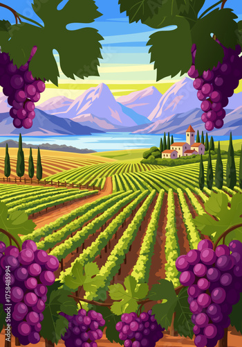 Stylized vector illustration of a scenic vineyard landscape with rows of vines, ripe grapes, and a villa by a mountain lake