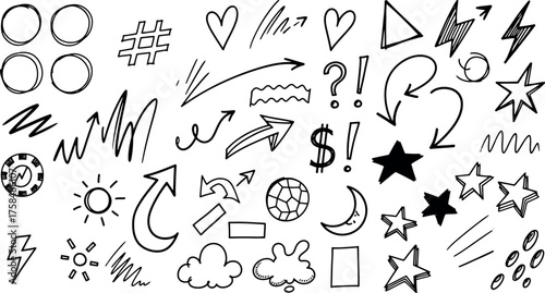 Hand-drawn doodles and icons collection featuring arrows stars hearts bolts and circles for creative projects