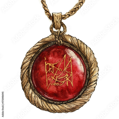 Pendant With Sacred Inscriptions, watercolor drawing vector, isolated on a white background.