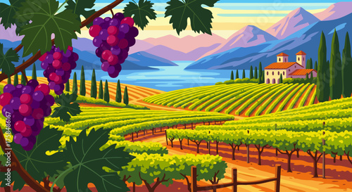 Vineyard Landscape Illustration Featuring Rolling Hills, a Serene Lake, and Tuscan-Style Architecture with Cypress Trees and Grapes