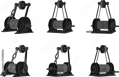 Mechanical winch vector set, industrial lifting equipment, cable hoist illustrations, construction pulley system, engineering tools, silhouette style, editable design
