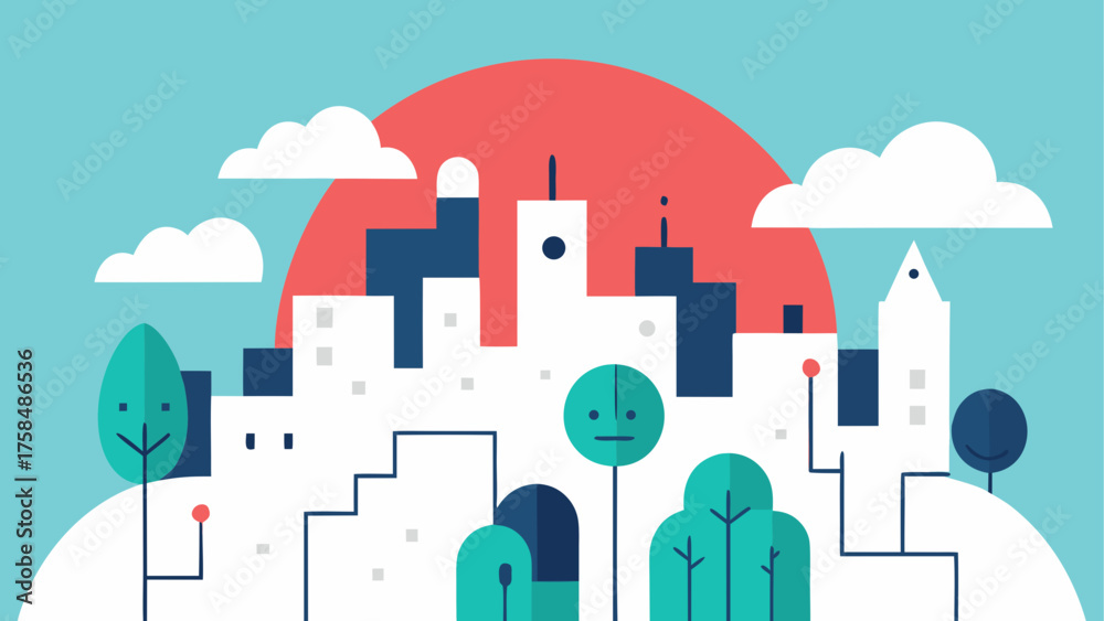 Obraz premium Stylized cityscape with trees and a setting sun