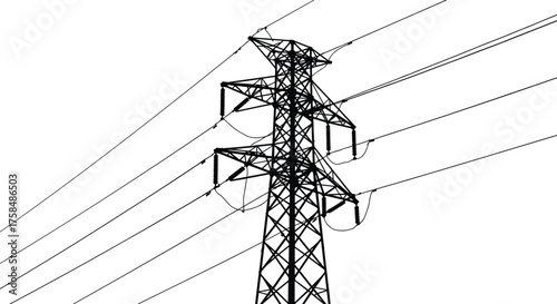 High voltage transmission tower with electric power lines, black and white vector illustration showing industrial energy infrastructure and electrical distribution network design