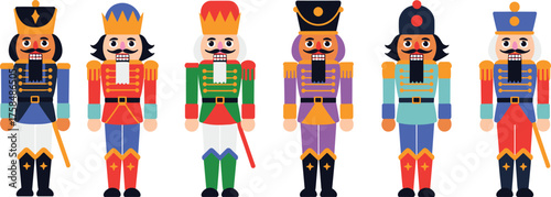 Colorful nutcracker soldiers illustration collection with traditional Christmas toy figures in festive uniforms, classic holiday decoration vector design concept.