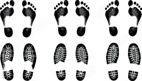 Collection of realistic black footprints and shoe prints showing different tread patterns and sizes isolated