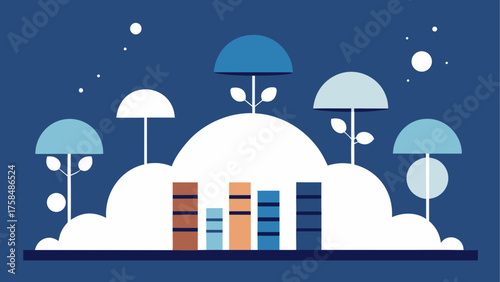 Illustration of trees books and a cloudy landscape