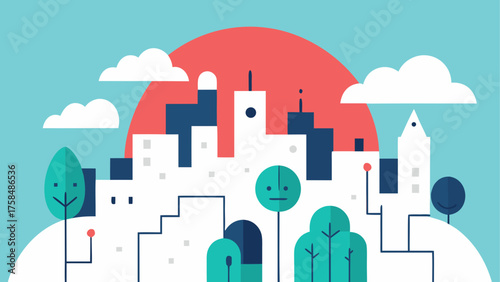 Stylized cityscape with trees and a setting sun