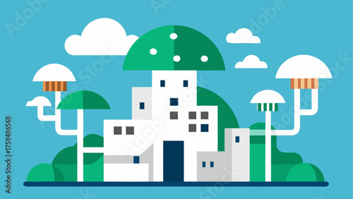 Illustration of mushroom building with cloudscape