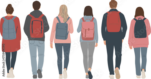 Group of young people walking with backpacks, students or travelers in casual clothes, education lifestyle and modern youth concept illustration.
