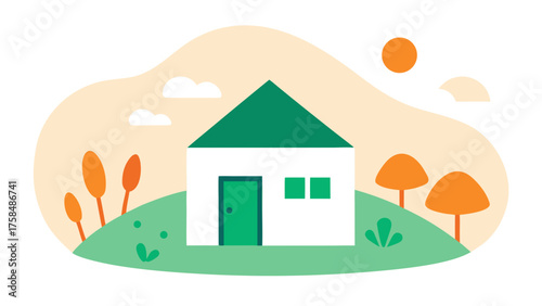 Illustration of a house with trees and sun in nature