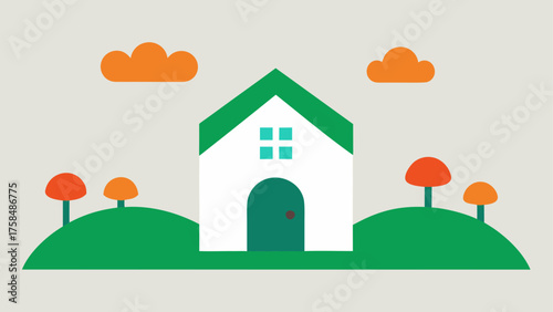 Illustration of a house with green roof and clouds