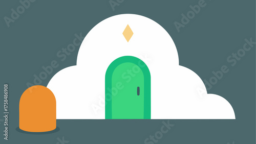 Cloud shaped house with green door and orange bush