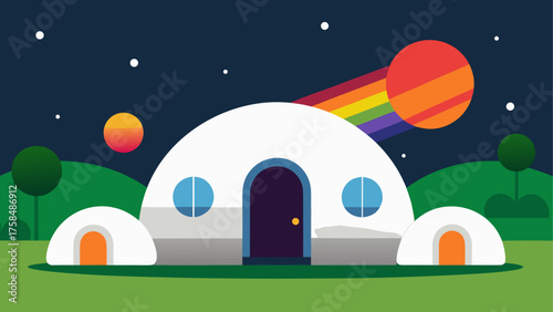 Illustration of a dome house with rainbow and planet