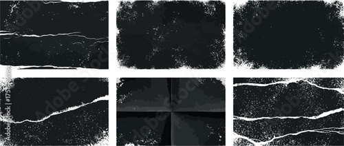 Set of six distressed grunge textures with rough edges and scratched surfaces for creative design projects