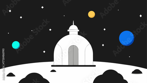 White building on a planet under a starry sky view