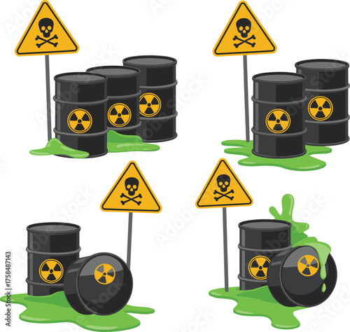 Toxic waste barrels with radioactive warning signs and green chemical spill illustration showing environmental pollution and hazardous waste concept.
