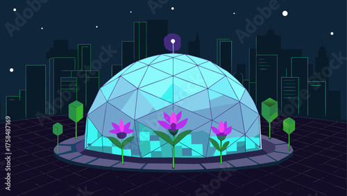 Geodesic dome with flowers in a futuristic city
