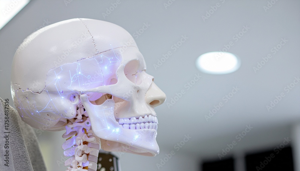 Obraz premium Cybernetic human head with digital grid overlay