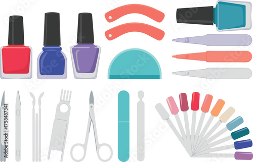 Professional manicure and pedicure tools vector illustration with nail polish bottles, nail files, cutters, buffers, and beauty salon accessories.